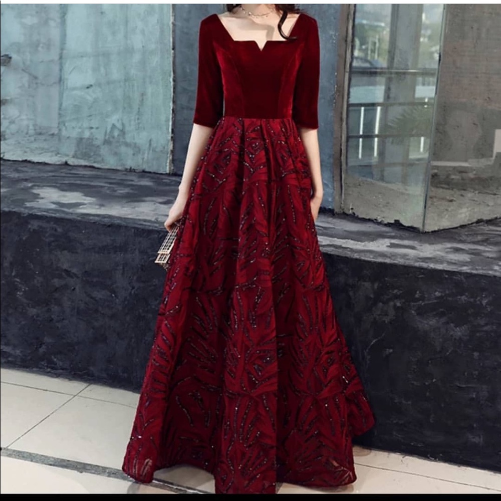 A-line RED VELVET PROM DRESS